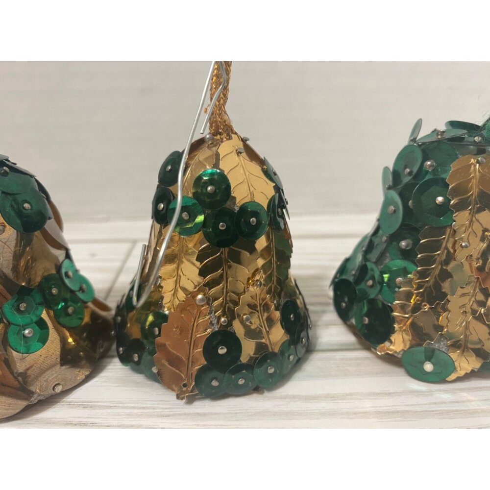 Vintage Handmade Sequined Bell Ornaments Set Of 4 Gold & Green Christmas - Picture 3 of 6